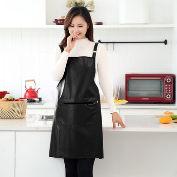 皮pu围裙防水防油厨房软皮女时尚罩衣家用工作服围腰黑色背带可调节xl