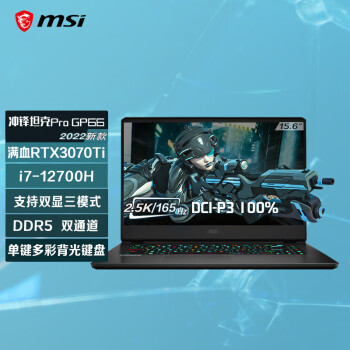 微星msi冲锋坦克Pro GP66 i7-12700H游戏本笔记本电脑(15.6英寸 满血RTX3070Ti 16G DDR5 1TB 2.5K/165Hz)