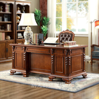 欧式书桌实木美式实木书桌老板桌大班台办公桌电脑桌欧式别墅办公桌椅