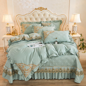 蓝羽蝶 全棉床盖加厚四件套纯棉欧式公主风蕾丝防滑床罩被套床上用品4 富贵花开-薄荷绿 1.8m床盖款四件套（被套200*230cm）