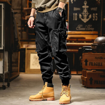 荒秋重磅机裤子工装裤男宽松秋款束脚休闲裤战术登山男生定制定金黑色