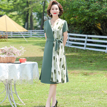 勿棉中年妇女连衣裙50岁夏天夏款中年人热天穿的夏季裙子衣服绿色2xl