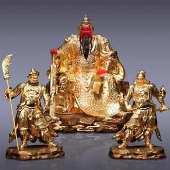 九黎 纯铜贴金关公像家用关二爷道家关圣帝君神像周仓关平左右护法像