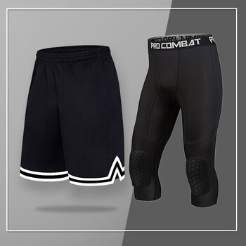 篮球护腿裤  紧身高弹七分一体男蜂窝防撞带护腿裤袜训练装备打底裤