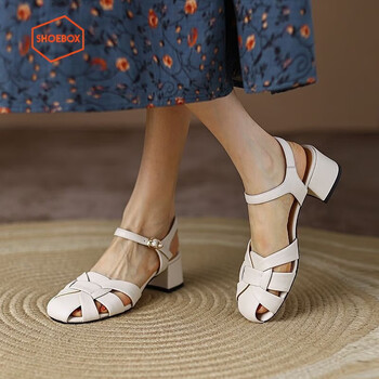 鞋柜达芙妮旗下小众罗马凉鞋女镂空包头编织细带高跟鞋夏新款中跟女鞋