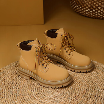 厚底真皮马丁靴女靴子2022新款夏季经典大头短靴高帮大黄靴百搭 驼色