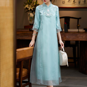 amsingle中国风改良旗袍新中式女装刺绣复古宽松大摆裙盘扣连衣裙女