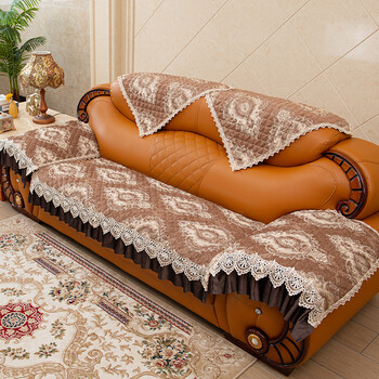 老式123组合沙发坐垫盖布背靠巾吉祥富贵卡其9090无裙摆可当靠背巾