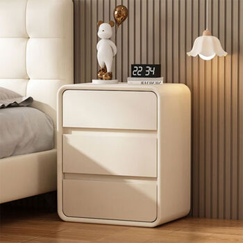 年年兴轻奢床头柜简约现代奶油风落地时尚小巧皮质松木隐藏拉手三抽