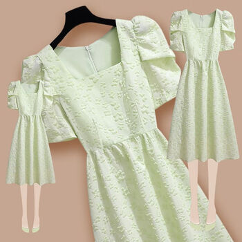 绿色连衣裙女装夏季年新款小个子茶歇法式初恋雪纺泡泡袖裙子 抹茶色
