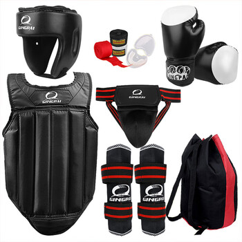 竞派散打护具成人武术套装拳击训练护具全套拳套散打服 黑色八件套 s