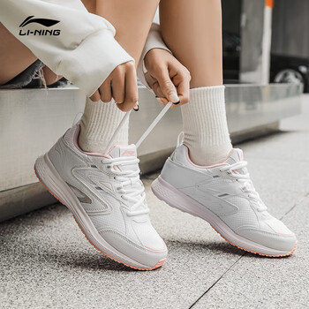 李宁女鞋跑步鞋新款休闲透气轻便减震低帮运动鞋女士夏季鞋 标准白/盐