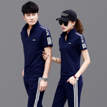 杰宾路运动套装夏季短袖长裤运动服情侣装韩版休闲套装夏两件套 蓝色 女XL(建议体重110-120斤)