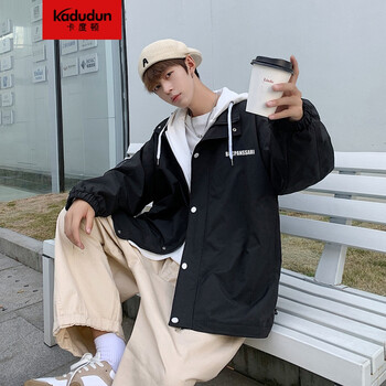 卡度顿外套男假两件学生春秋季连帽棒球服男2021新款潮流宽松港风炸街