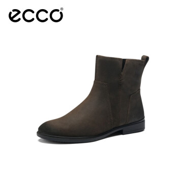 ECCO爱步瘦瘦靴粗跟短靴女平底黑色拉链中筒女靴触感系列261873 咖啡色 