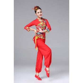 蓝狮牧成人红色喜庆秧歌舞蹈服民族腰鼓舞演出服广场舞套装舞台服装
