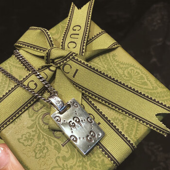 古驰(gucci)轻奢ghost吊坠复古骷髅头长方形双面项链925银情侣项链送