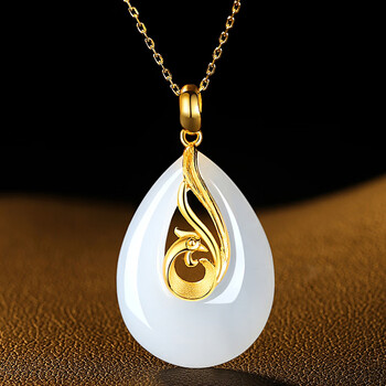 墨者善石新款黄金吊坠女足金999白玉水滴凤凰项链金镶玉坠自戴送礼不