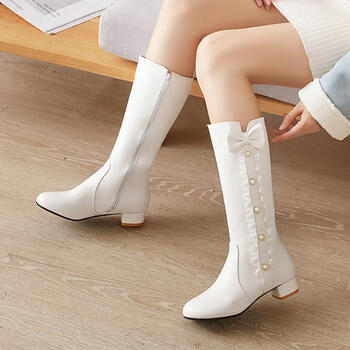 2021秋冬新款甜美中靴子低跟侧拉链女靴少女马丁靴长靴高筒中筒靴白色