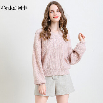 artka阿卡休闲v领纹理图案纯色包袖长袖女式毛衣茱萸粉f