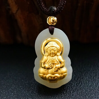 岐昌堂 和田玉金镶玉观音玉佛吊坠金挂件玉器饰品男女情侣款吊坠玉佩