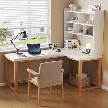 妙普乐l型转角书桌 实木转角书桌书架一体l型电脑桌家用办公桌卧室