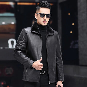 狮曼麟皮毛一体男真皮皮衣水貂内胆绵羊皮夹克男士水貂毛领皮草大衣