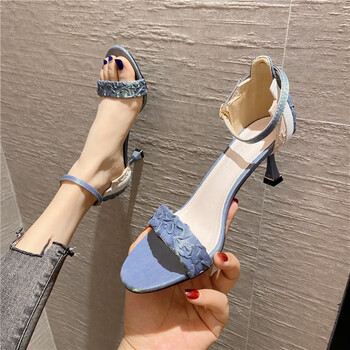 elgk一字带凉鞋女高跟鞋女鞋夏季新款潮跟高仙女风5通勤气质蓝色穿上