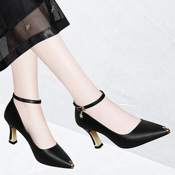 高跟鞋细跟春秋新款一字扣浅口舒适女鞋简约休闲百搭四季单鞋女时装