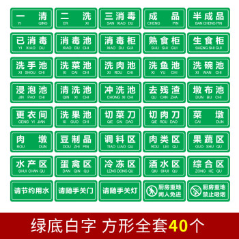 消毒清洗池洗碗池標籤食堂生熟分類管理制度標方牌全套綠底白字5x10cm