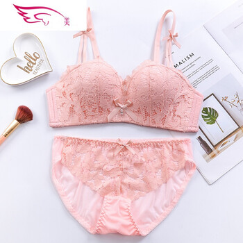 薄款性感少女内衣套装女蕾丝文胸聚拢夏季无钢圈2018学生白色胸罩 虾