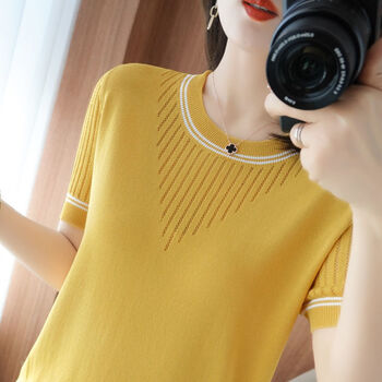 短袖t恤女冰丝夏季新款t恤女韩版镂空半袖短袖针织衫圆领百搭打底上衣