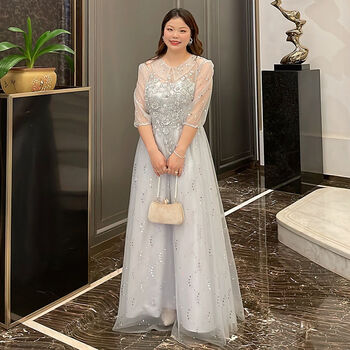 qvnl 胖妹妹礼服宴会夏显瘦大码晚礼服200斤胖m显瘦遮手臂伴娘服平时