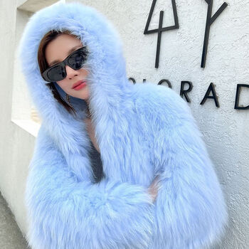 2022冬真毛小白熊进口狐狸毛编织双面加密连帽皮草外套女短款 天蓝色