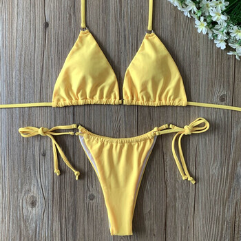 欧美新款三角比基尼泳衣女抽绳绑带性感三点式小胸bikini沙滩拍照