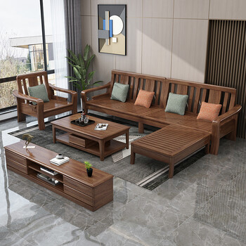 胡桃木沙发家具轻奢全实木中式现代简约小户型客厅沙发组合套装 三人