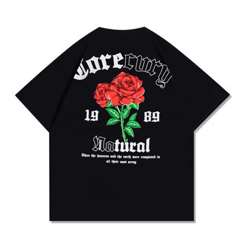 rayofhope夏季新款国潮美式复古玫瑰印花短袖t恤男女街头宽松黑色纯棉