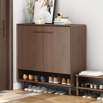 家用门口进门玄关柜新中式实木收纳储物柜大容量高端款鞋柜80cm胡桃色