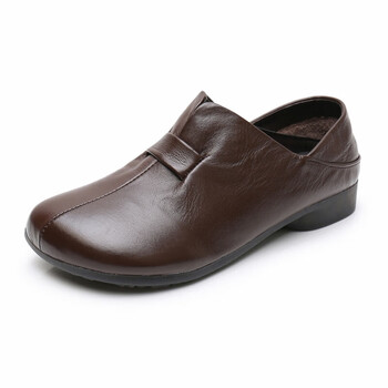 新款舒适真皮妈妈鞋休闲平底皮鞋复古大头软底中老年单鞋女棕色单鞋35