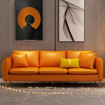 爱马仕橙色沙发轻奢橘黄色桔色皮2021年新款客厅小户型皮橘色橙 直排