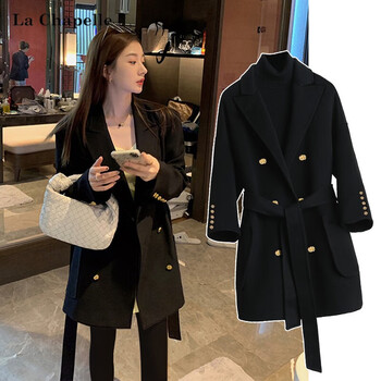 拉夏贝尔官方旗舰毛呢大衣女黑色呢子短款羊绒大衣女秋冬加厚感小个子