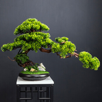 米囹仿真迎客松盆景客厅摆件花架假花假树绿植盆栽禅意饰品新中式装饰