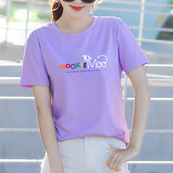 女士t恤新款紫色短袖t恤女印花圆领半袖体恤衫上衣宽松显瘦百搭遮肚