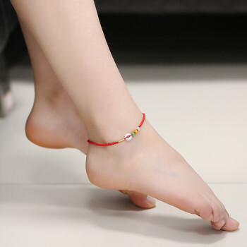 宝诗顿红绳脚链本命年 手工编织翡翠平安扣玉石脚裸链简约 性感男女