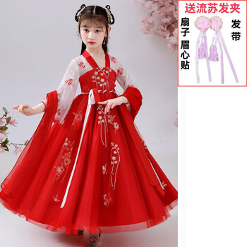 风新款儿童装秋装古风春秋仙女孩唐装公主 长袖红色 披帛 四重好礼