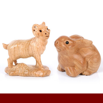 佑善阁 2019年属猪羊人本命年吉祥物羊兔拱福桃木摆件鸿兔赐宝三合吉