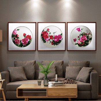 祺匠屋 花开富贵牡丹图十字绣苏绣客厅三联画刺绣画成品新中式沙发