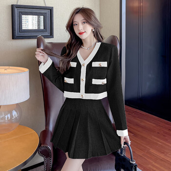 v领西服外套百褶裙两件套装裙 黑色 s