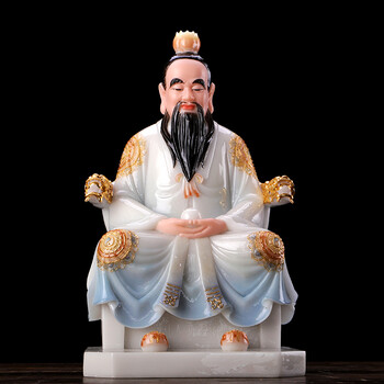 汉白玉道教三清神像摆件彩釉镶金太上老君像元始天尊道德天尊灵宝天尊