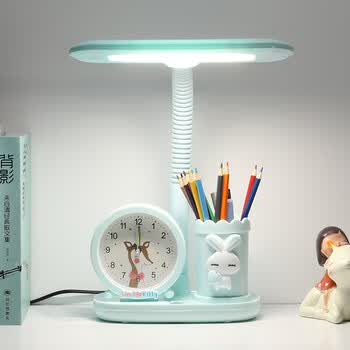 欧普儿童台灯书桌插电中小学生专用卡通闹钟多功能学习灯台灯 蓝色